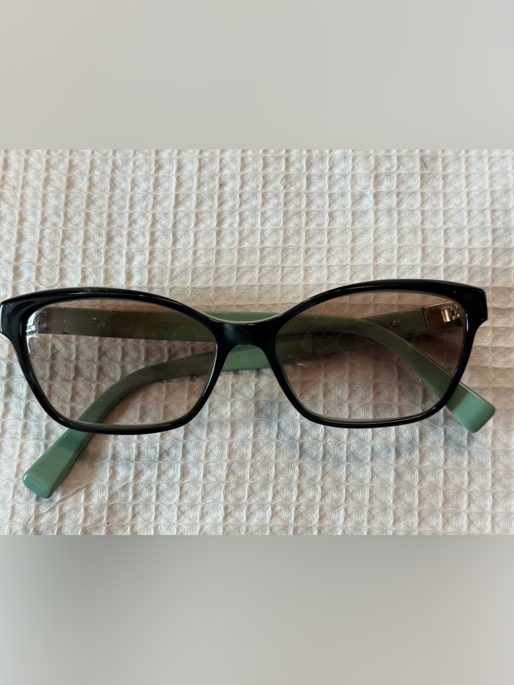 Seraphin hand made in Japan Women's Black Frame Sunglasses with Green Temples
